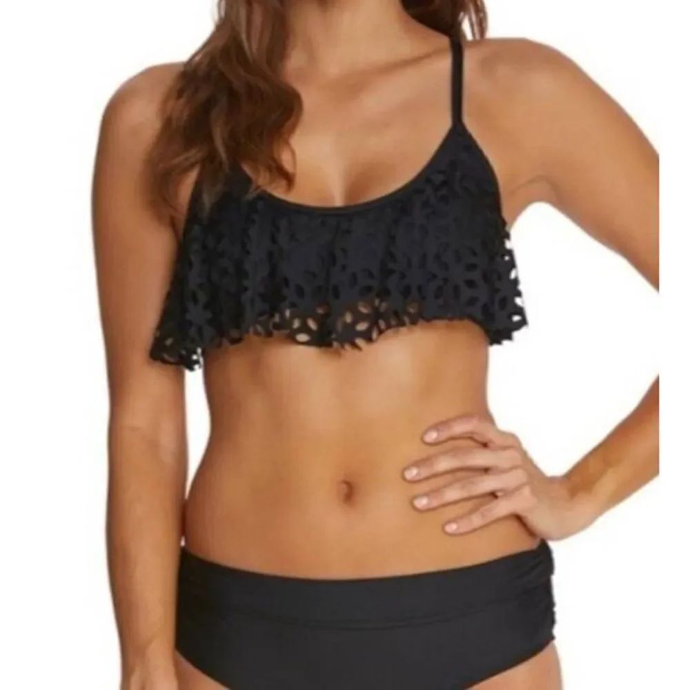 NWT Luxe by Lisa Vogel black Flutter Bikini Top&bikini bottoms sz 12